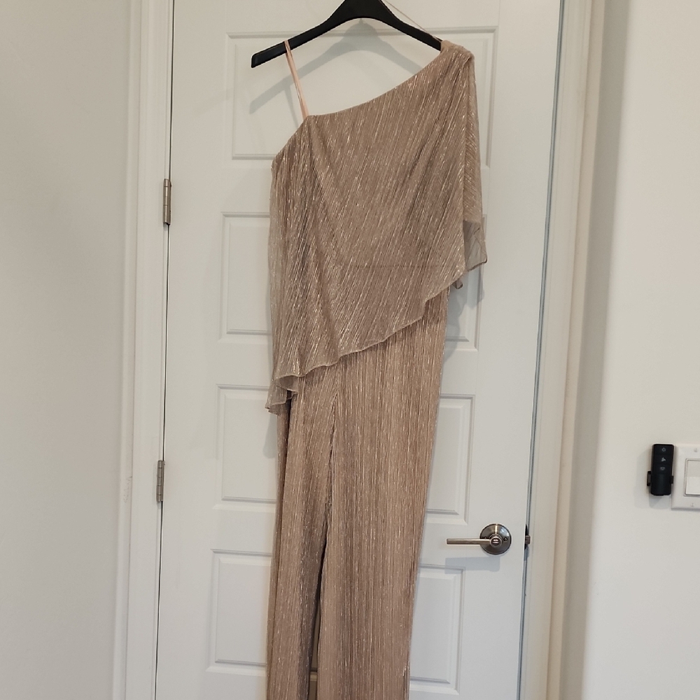 Adrianna Papell Shimmering Beige One-Shoulder Jumpsuit